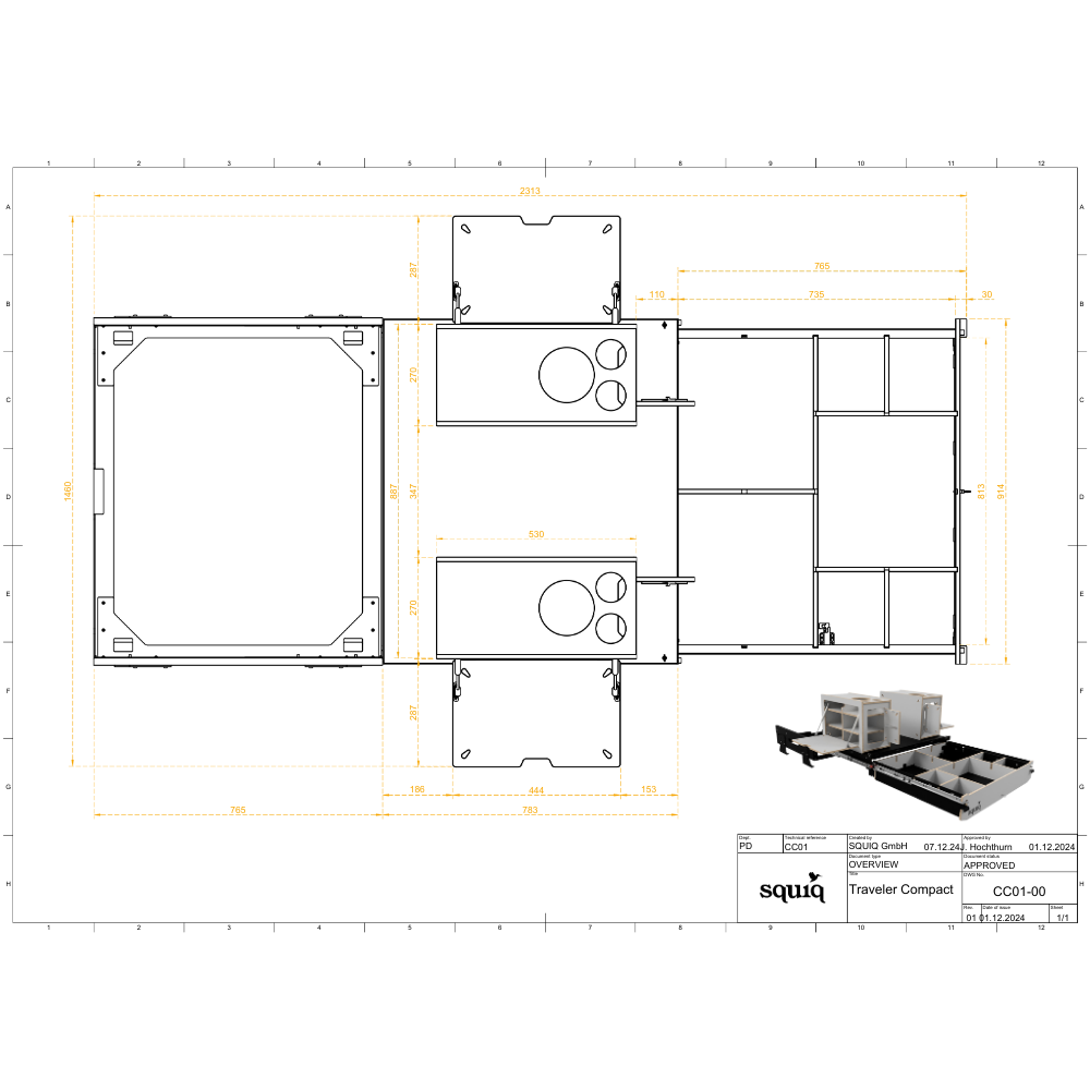Technische maattekening van de squiq-Traveler compact voor de SUV, uitgeschoven, met afmetingen van de campingboxen