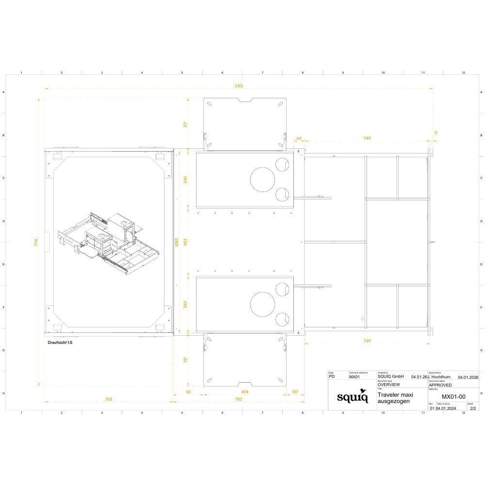 Afmetingen squiq-Traveler maxi campingbox voor bestelwagens van boven
