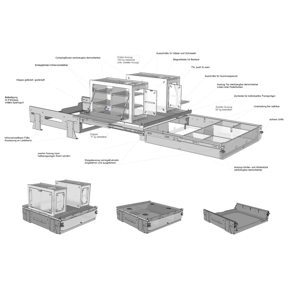 Schetsen camping-uitschuifsysteem squiq - innovatief uitschuifsysteem voor stationwagon