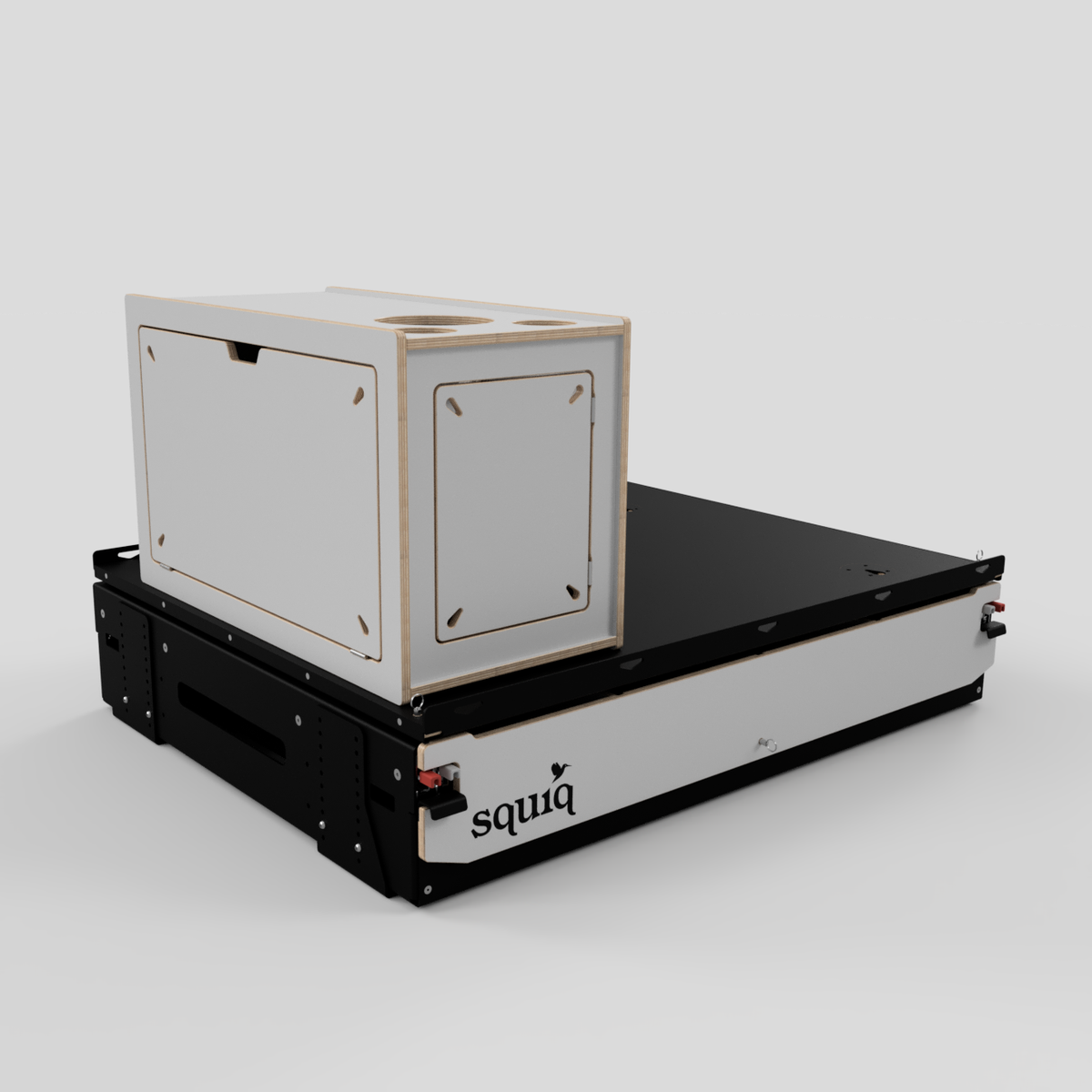 campingbox links op uitschuifsysteem voor bestelwagens, zijaanzicht