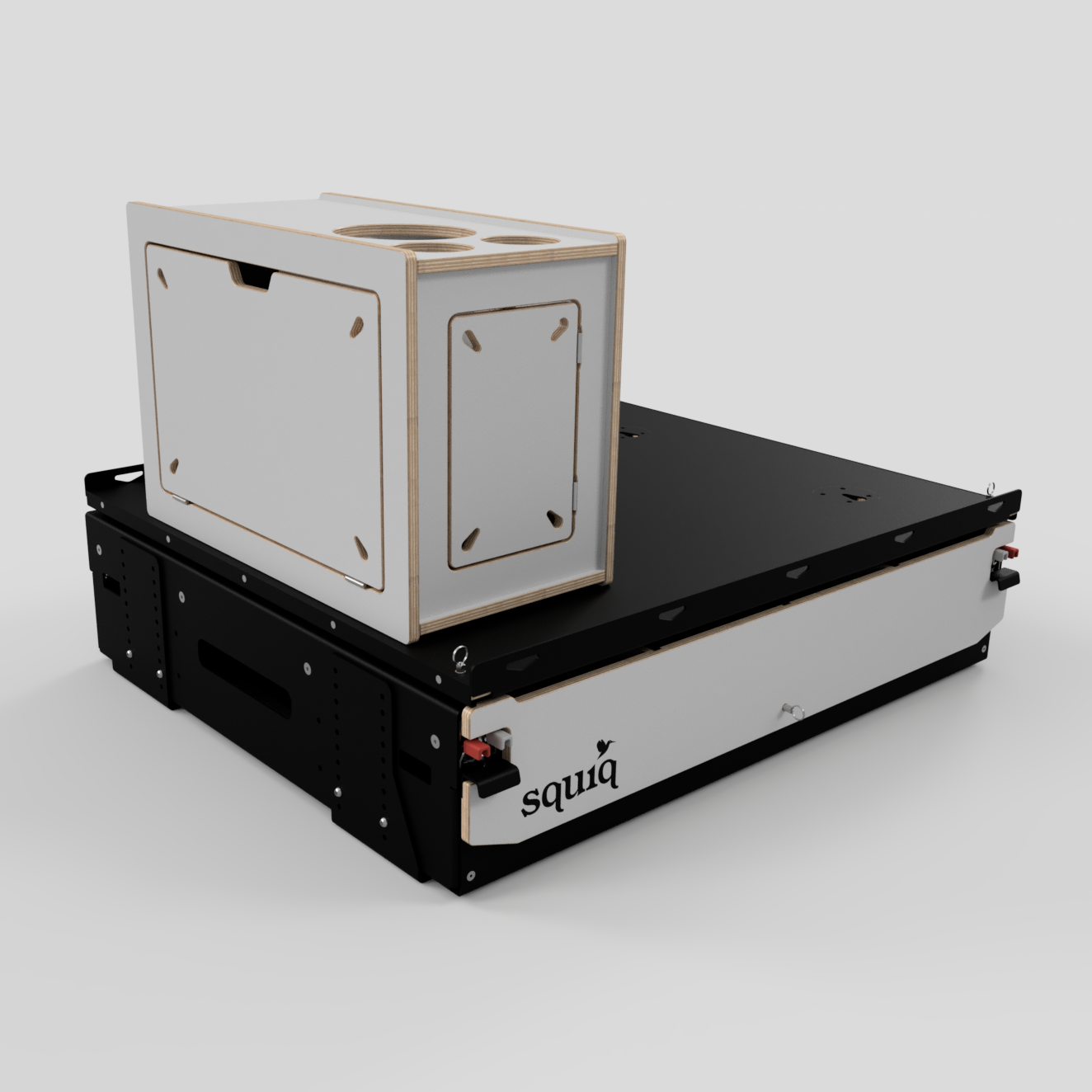 campingbox links auf heckauszug für kompaktwagen in der seitenansicht