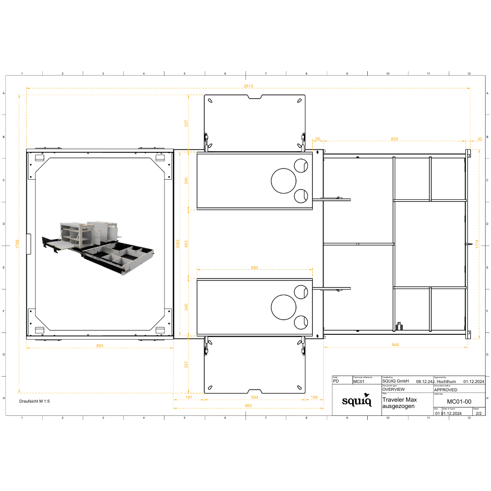 Technische maattekening van de squiq-Traveler max voor hoogdakcombi en bus, uitgeschoven, met afmetingen van de campingboxen