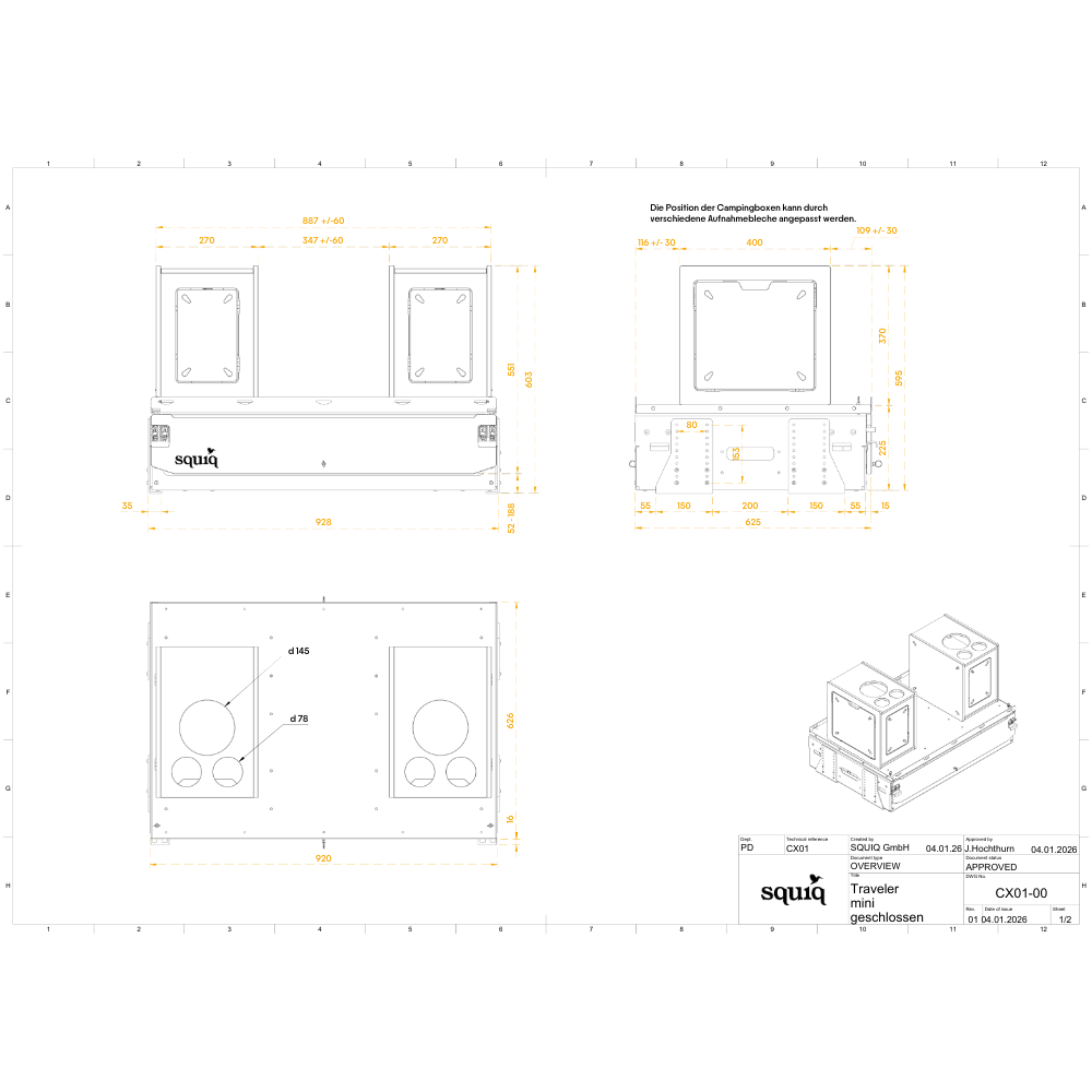 Afmetingen squiq-Traveler mini campingbox voor compacte auto&