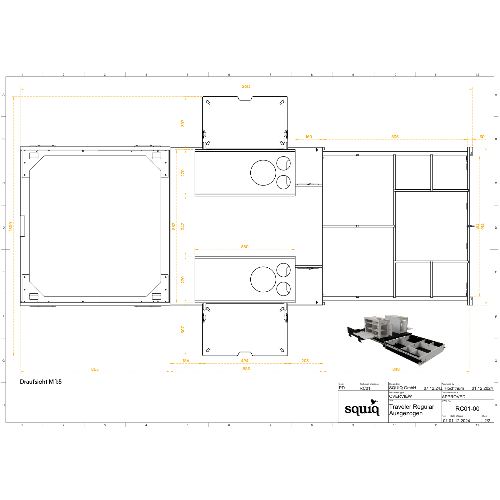 Technische maattekening van de squiq-Traveler regular voor de stationwagen, uitgeschoven, met afmetingen van de campingboxen