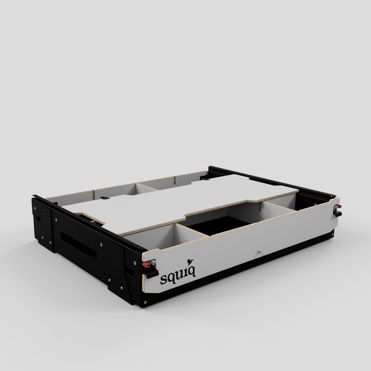 Uitschuifsysteem voor bestelwagens voor camping en dagelijks gebruik met vrij indeelbare lade, vóór inbouw.