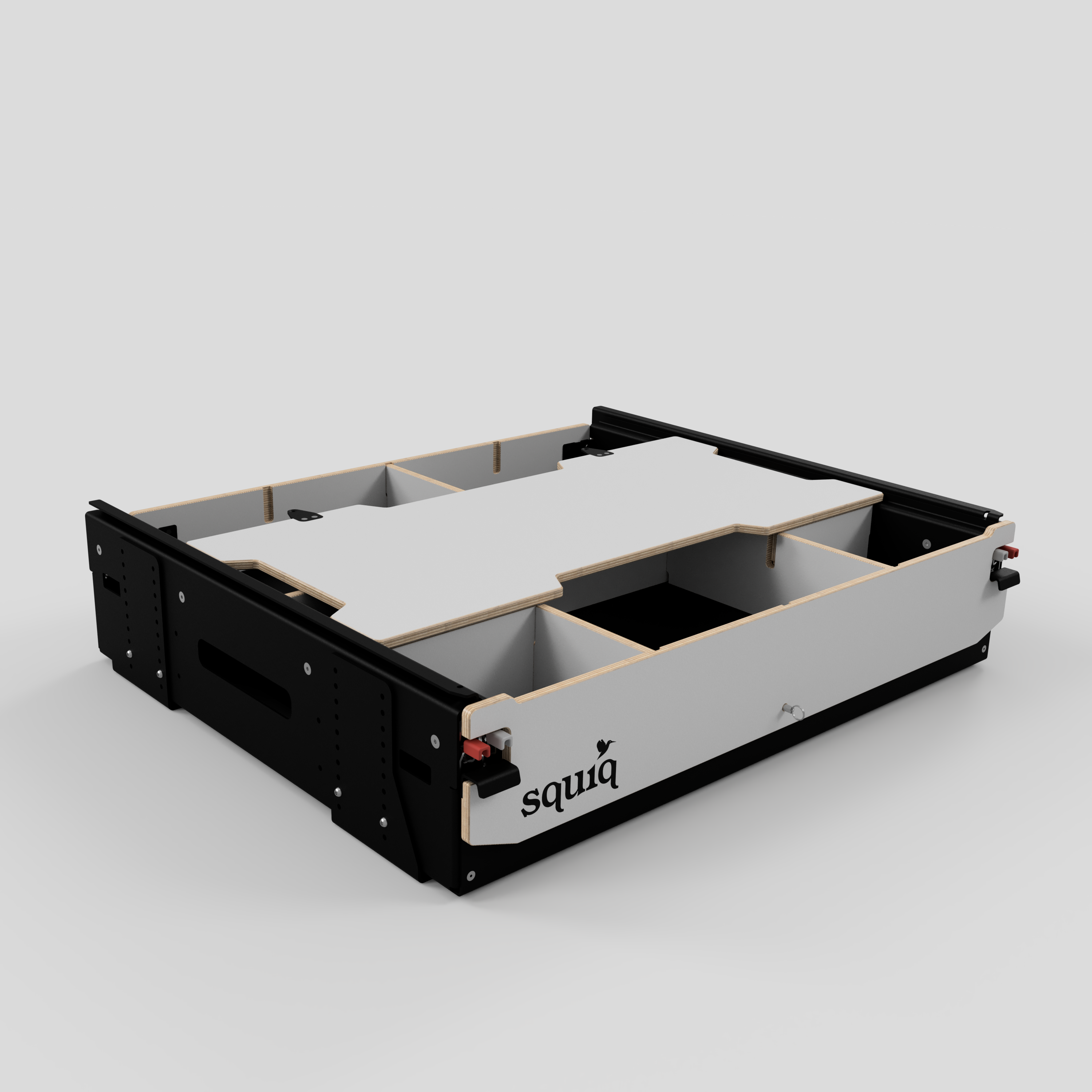 Heckauszug für Kompaktwagen für Camping und Alltag mit frei einteilbarer Schublade vor dem Einbau.