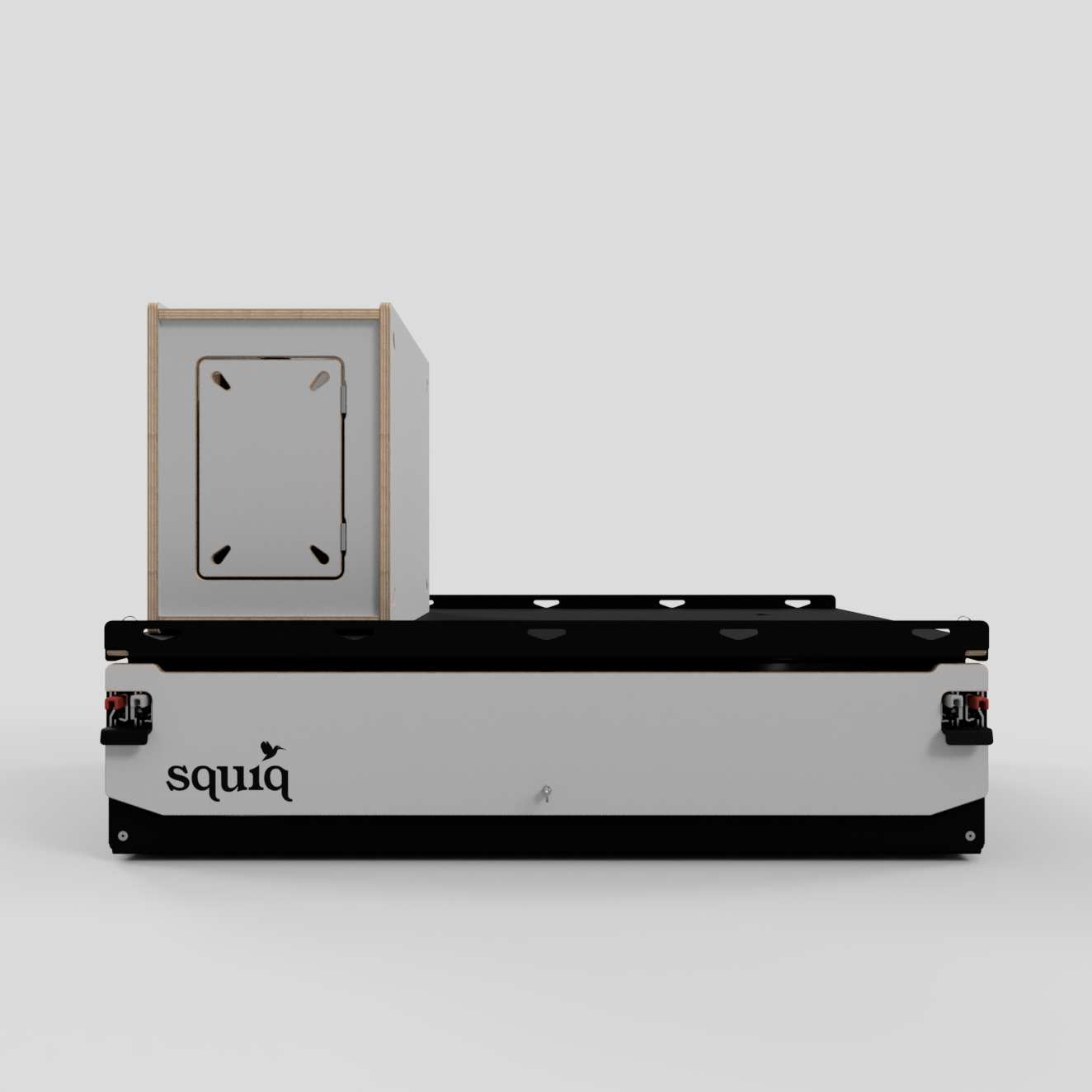 campingbox links auf heckauszug für kompaktwagen in der frontalansicht